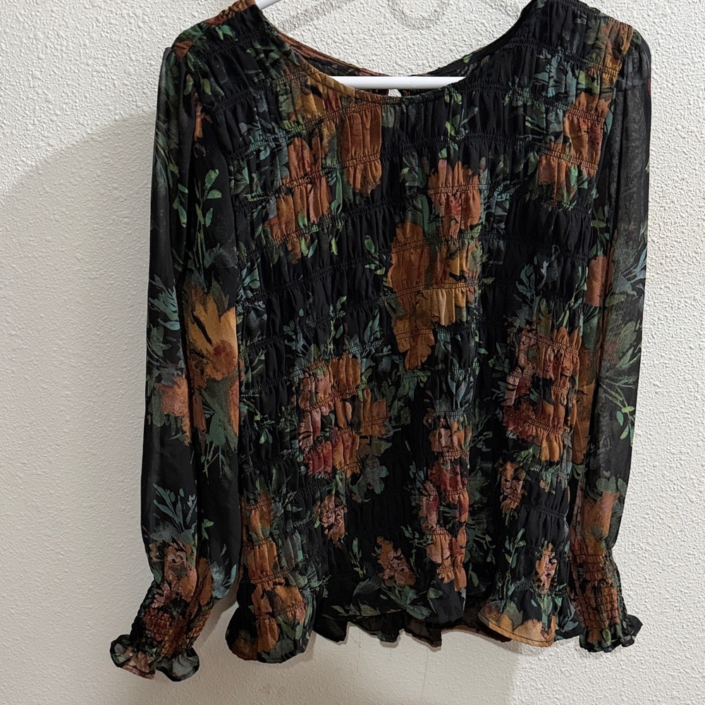 Maurices Black Floral Smocked Long-Sleeve Blouse